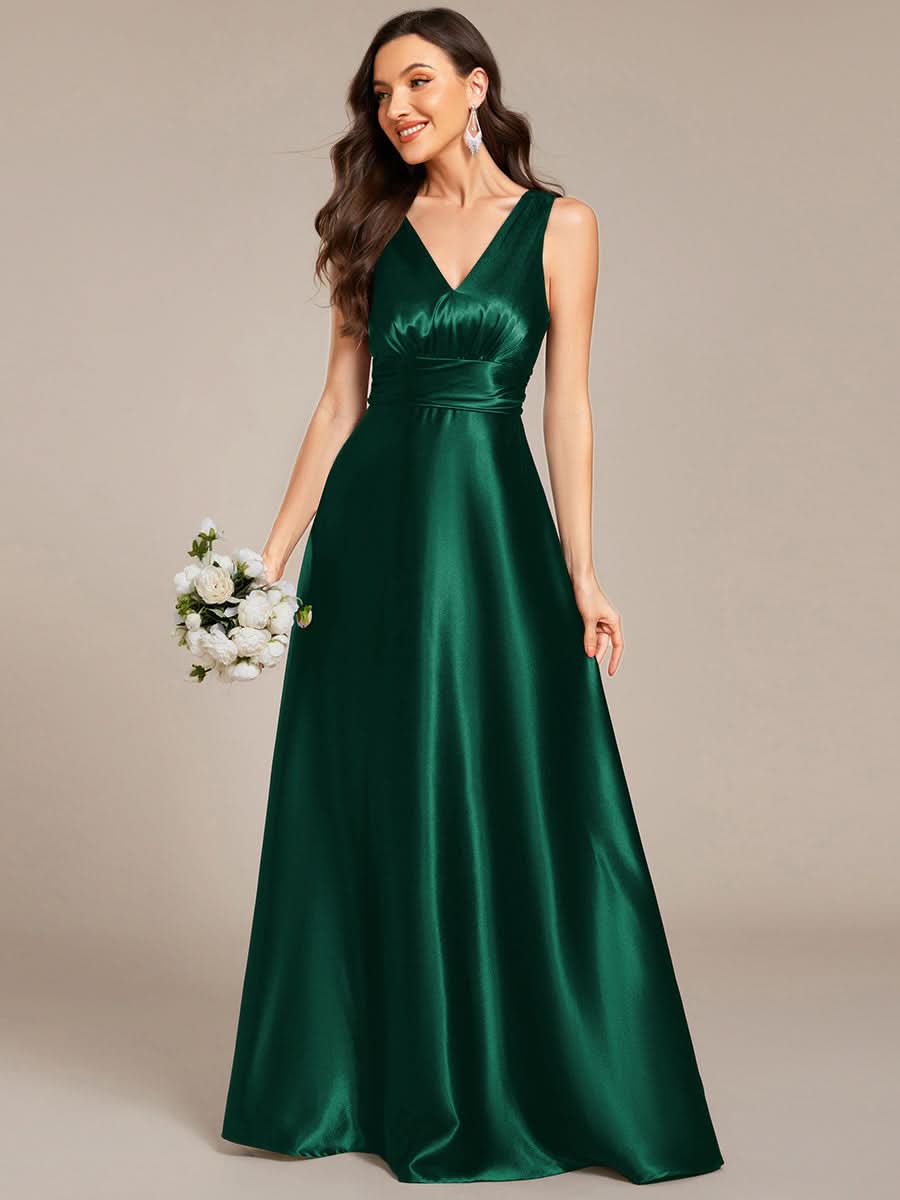V-neck Empire Waist Satin Maxi Bridesmaid Dress with Pockets #color_Dark Green