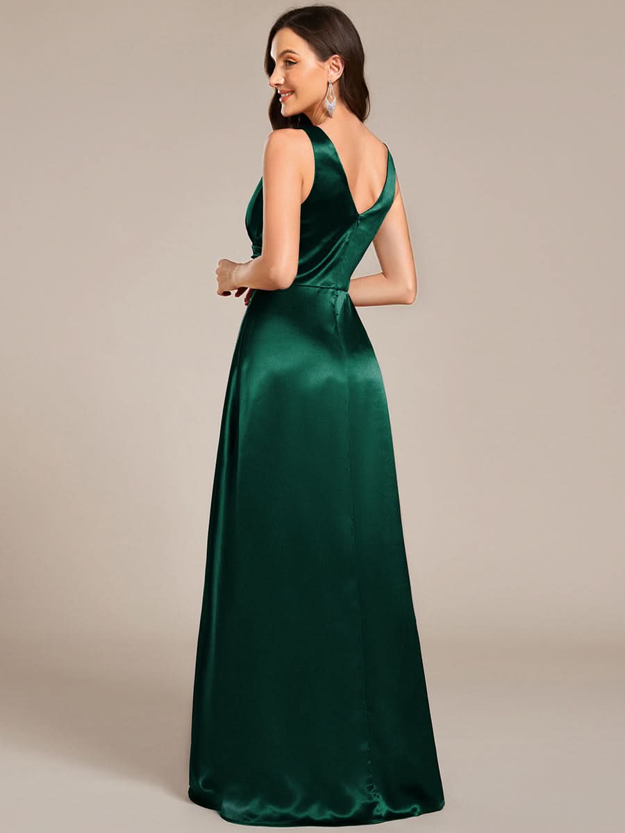 V-neck Empire Waist Satin Maxi Bridesmaid Dress with Pockets #color_Dark Green