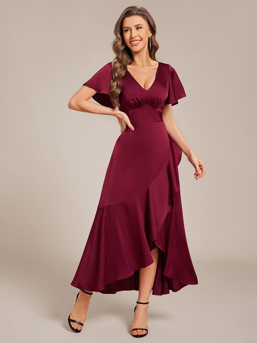 Short Sleeve Ruffled V-Neck Satin Midi Bridesmaid Dress #color_Burgundy