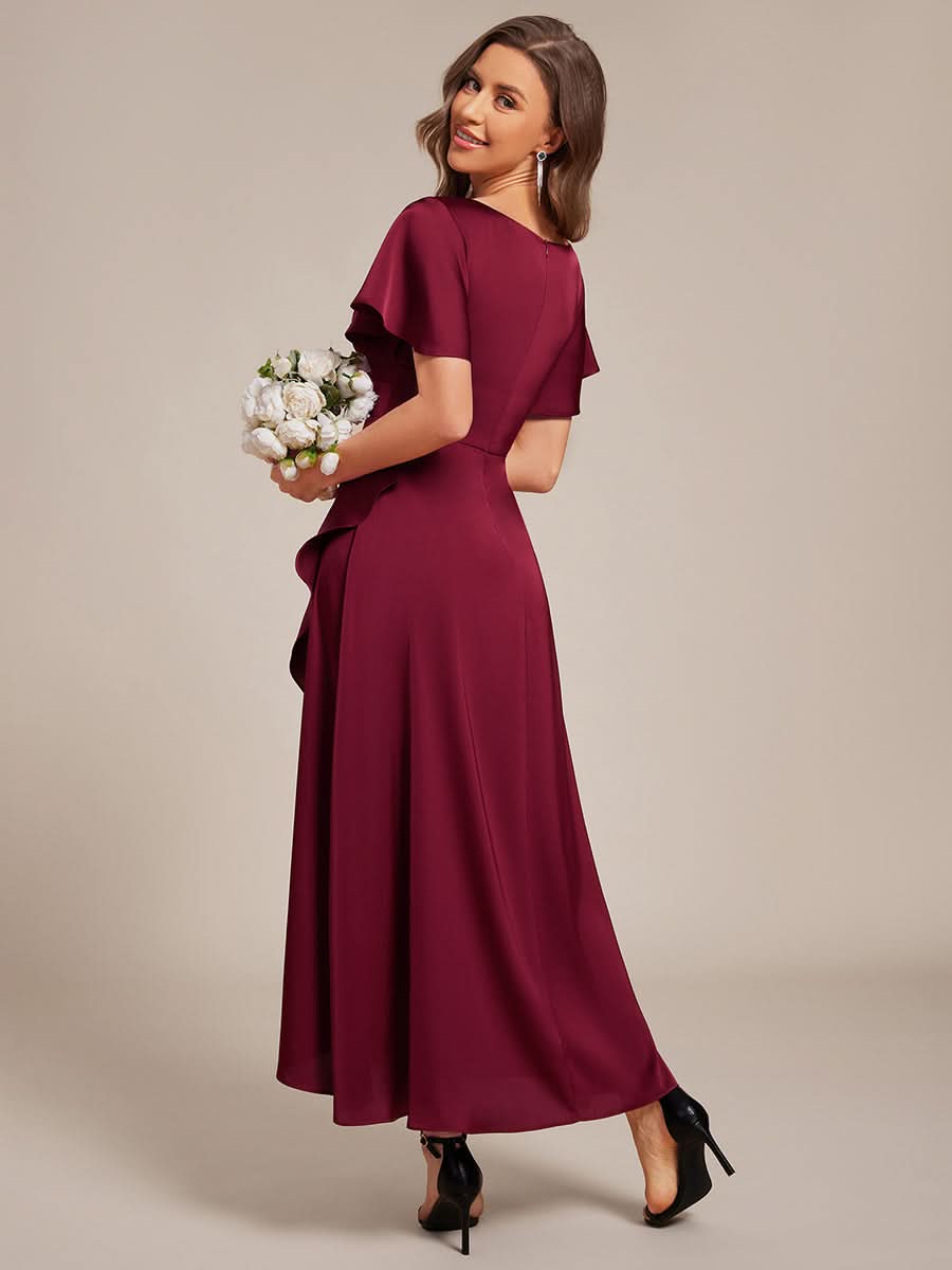 Short Sleeve Ruffled V-Neck Satin Midi Bridesmaid Dress #color_Burgundy