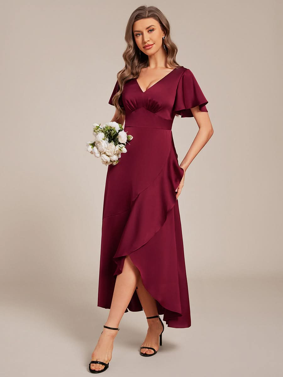 Short Sleeve Ruffled V-Neck Satin Midi Bridesmaid Dress #color_Burgundy
