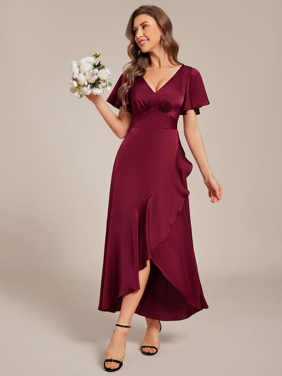 Short Sleeve Ruffled V-Neck Satin Midi Bridesmaid Dress #color_Burgundy