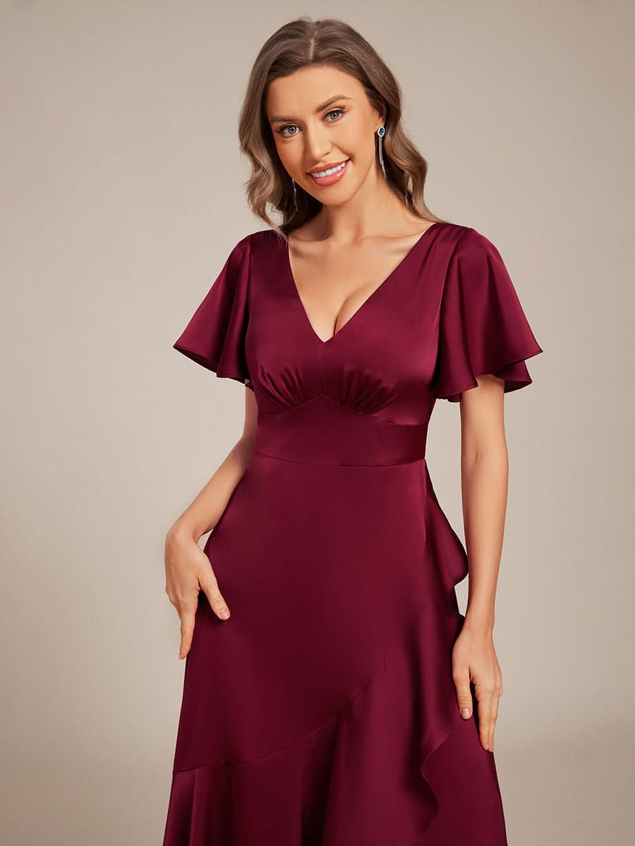Short Sleeve Ruffled V-Neck Satin Midi Bridesmaid Dress #color_Burgundy