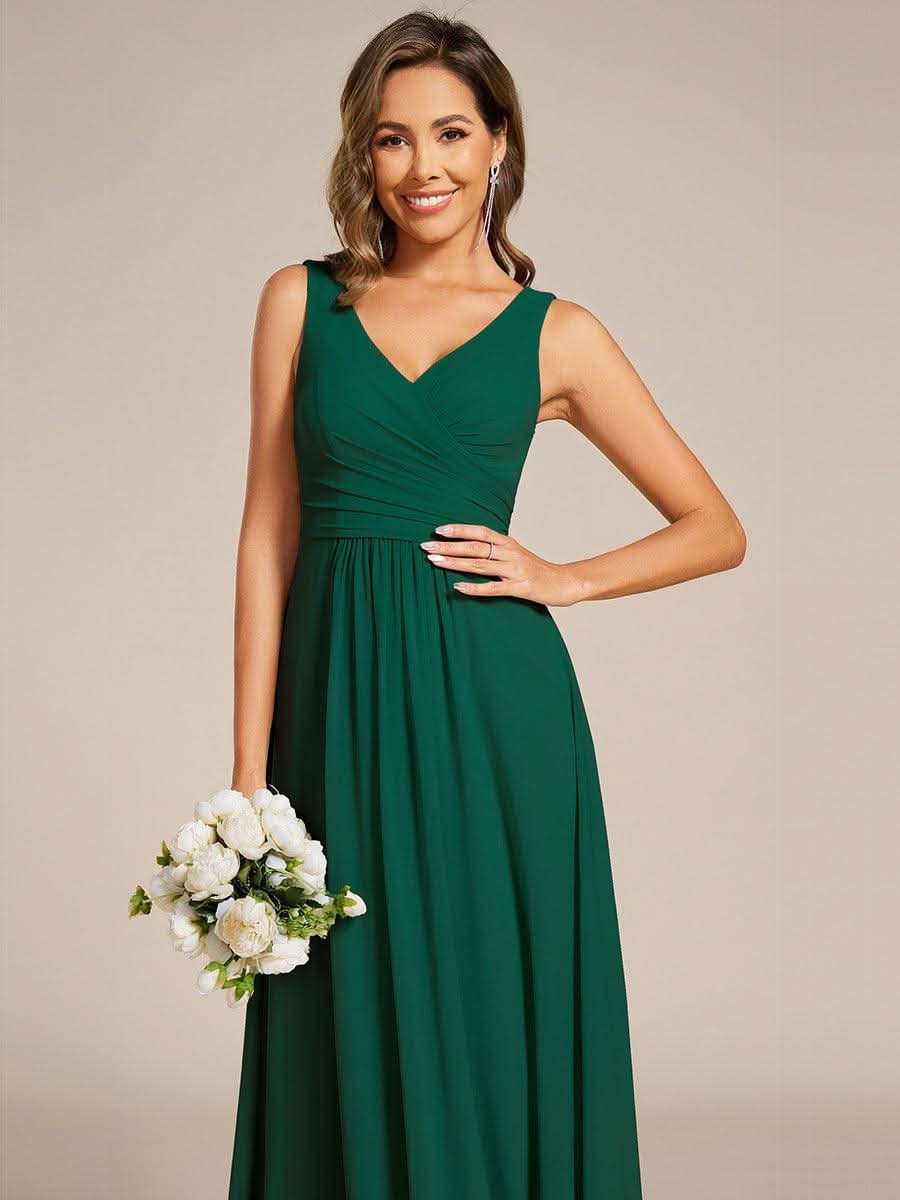 Strapless Pleated V-Neck A-Line Maxi Chiffon Bridesmaid Dress #color_Dark Green