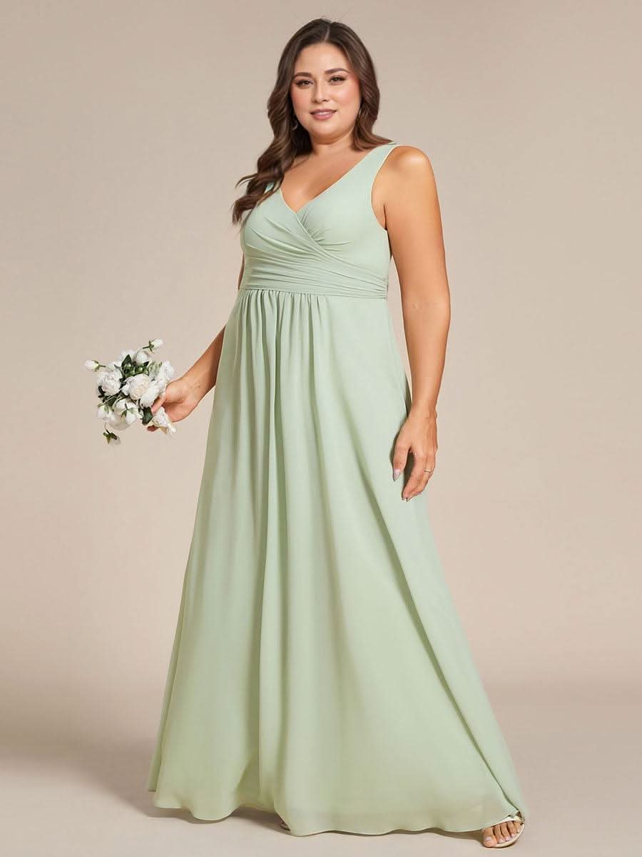 Strapless Pleated V-Neck A-Line Maxi Chiffon Bridesmaid Dress #color_Mint Green