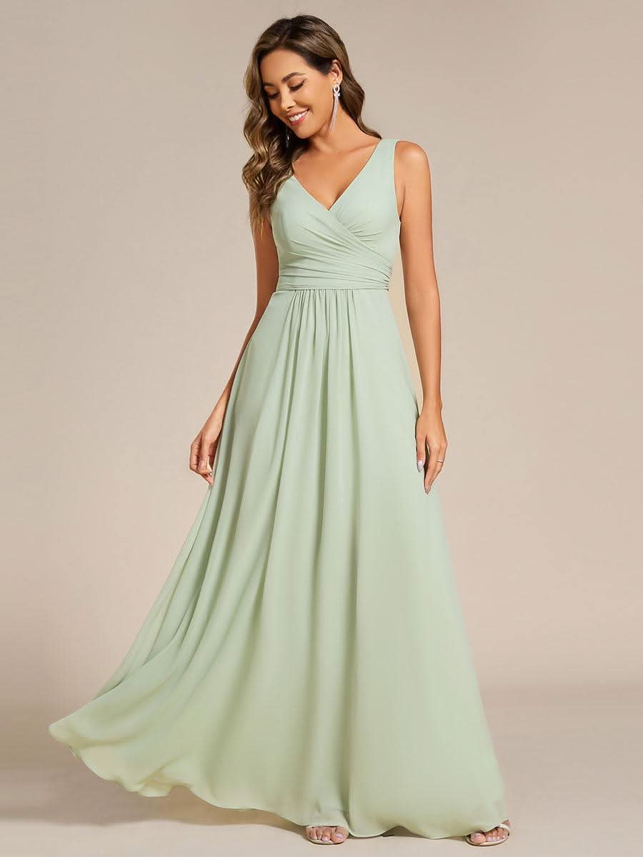 Strapless Pleated V-Neck A-Line Maxi Chiffon Bridesmaid Dress #color_Mint Green