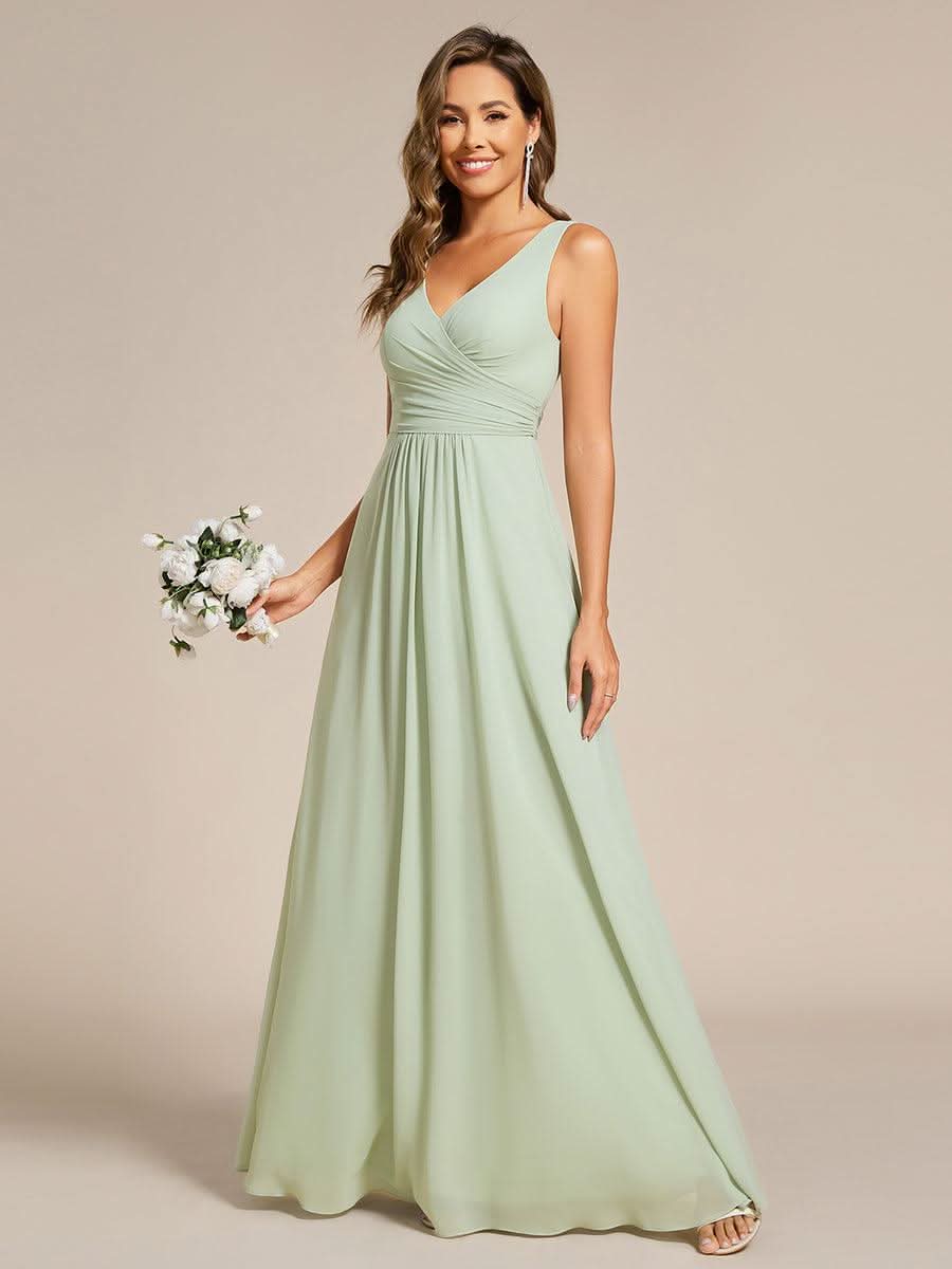 Strapless Pleated V-Neck A-Line Maxi Chiffon Bridesmaid Dress #color_Mint Green