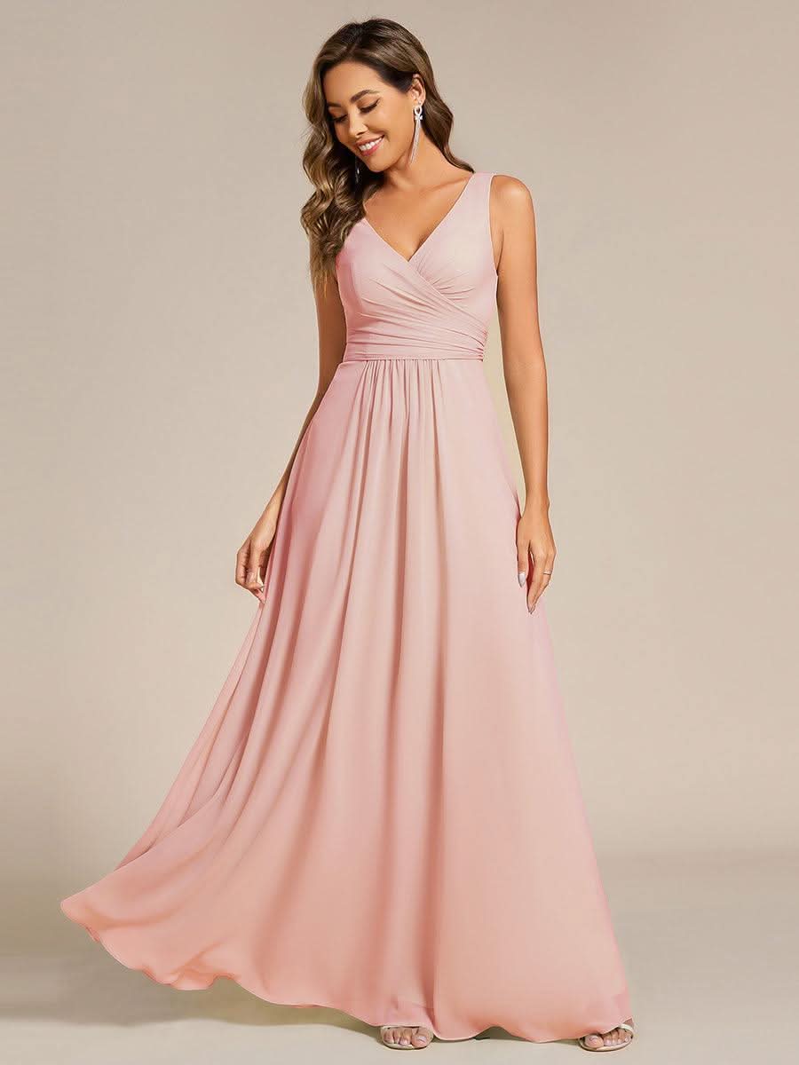 Strapless Pleated V-Neck A-Line Maxi Chiffon Bridesmaid Dress #color_Pink