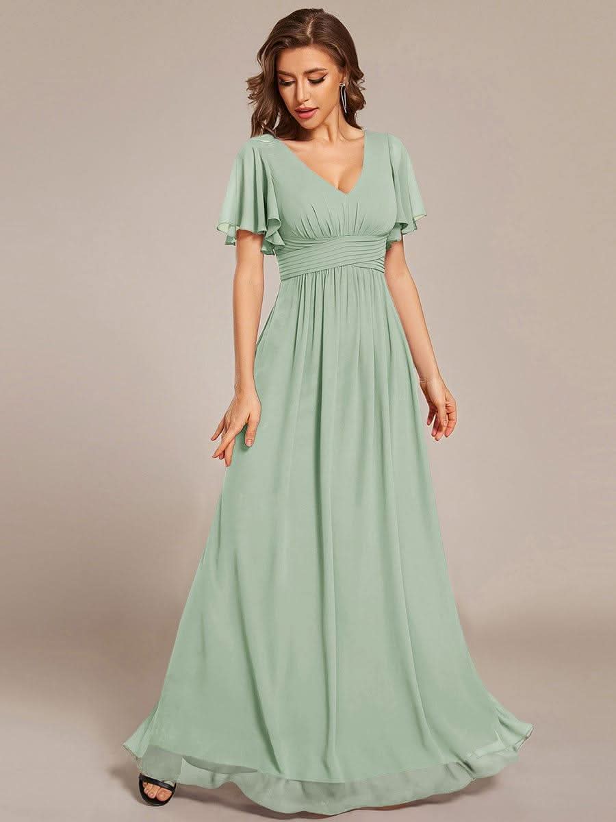 Short Sleeve Ruffled Lace-Up A-Line Maxi Bridesmaid Dress #color_Mint Green