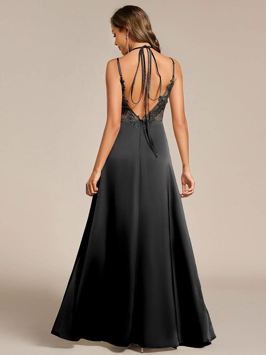 Sleeveless Backless Lace-Up A-Line Satin Bridesmaid Dress #color_Black
