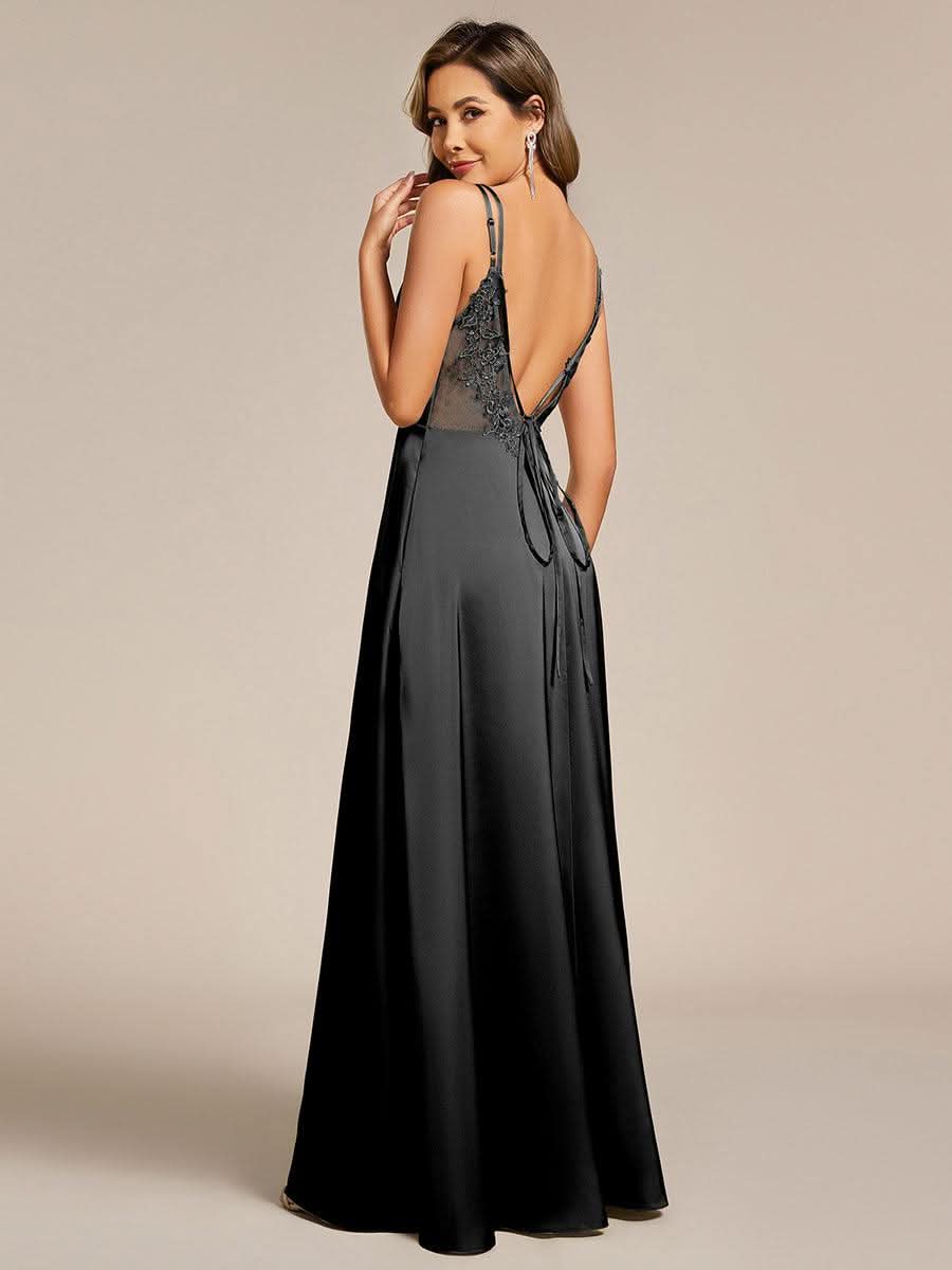 Sleeveless Backless Lace-Up A-Line Satin Bridesmaid Dress #color_Black