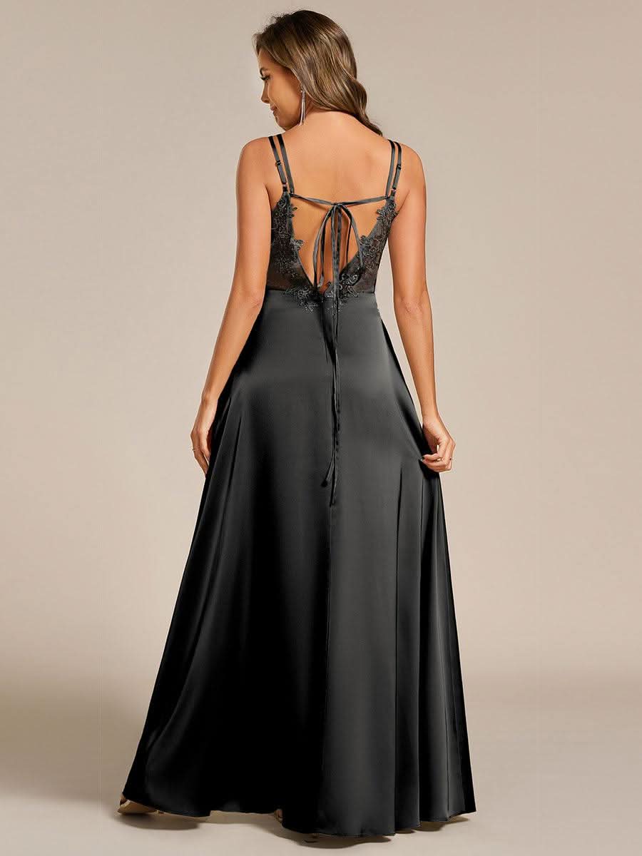 Sleeveless Backless Lace-Up A-Line Satin Bridesmaid Dress #color_Black