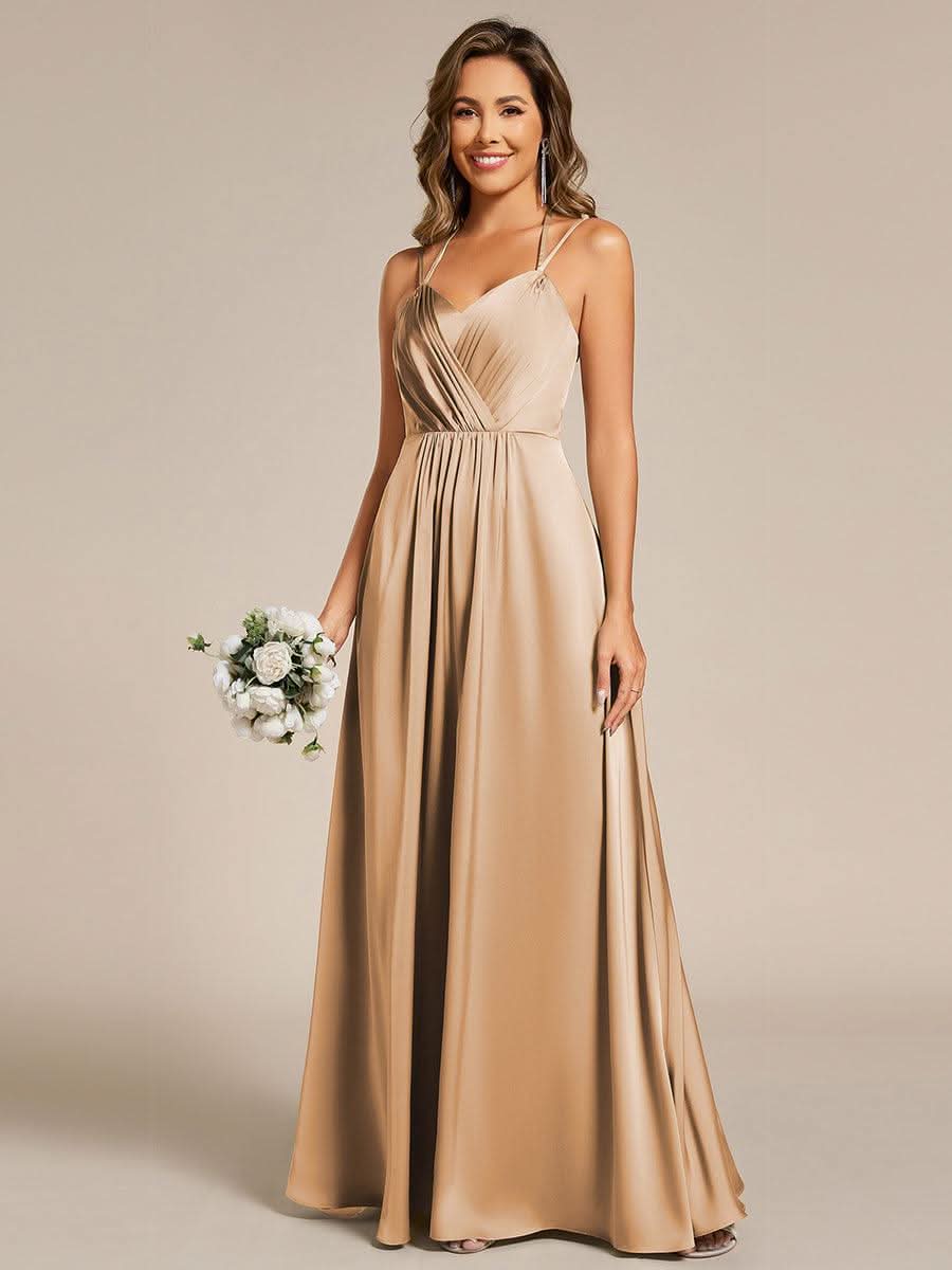 Sleeveless Backless Lace-Up A-Line Satin Bridesmaid Dress #color_Champagne