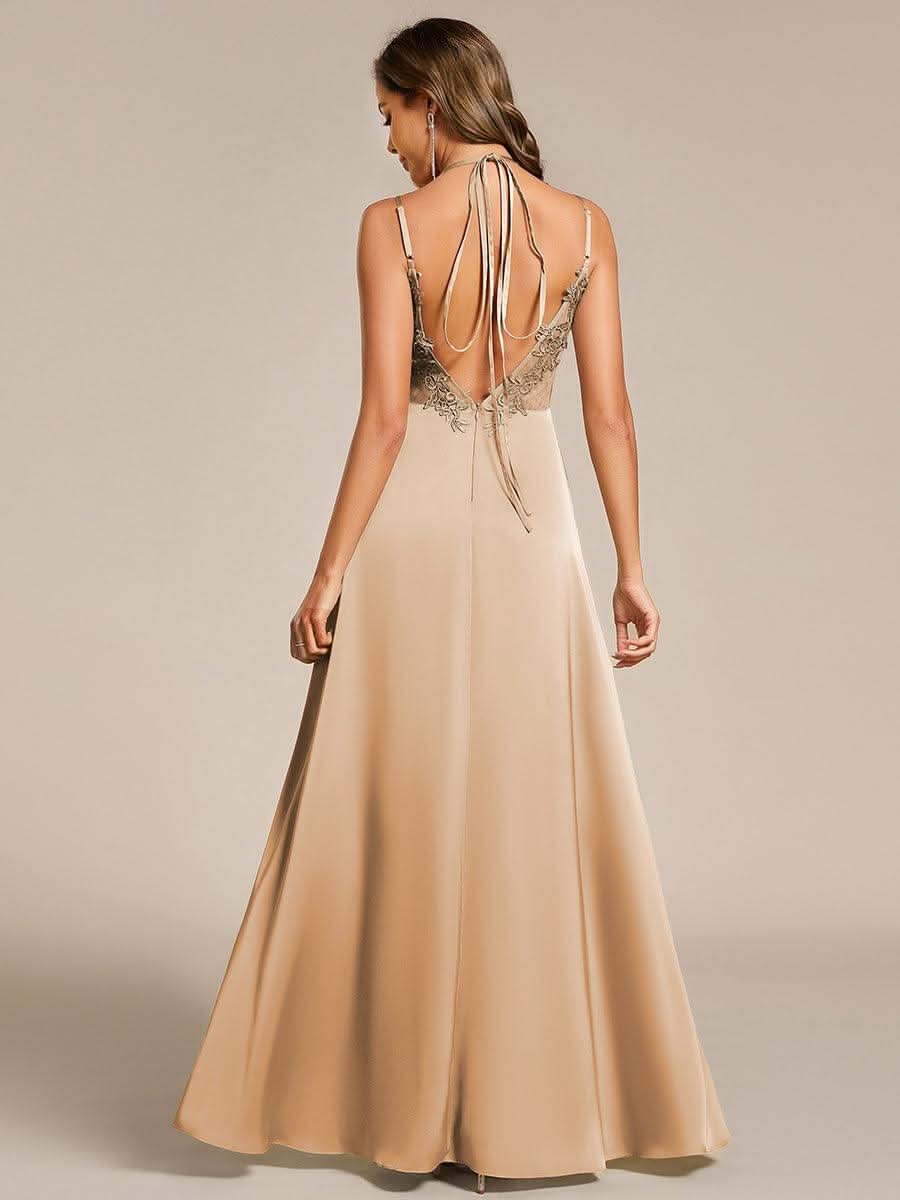 Sleeveless Backless Lace-Up A-Line Satin Bridesmaid Dress #color_Champagne