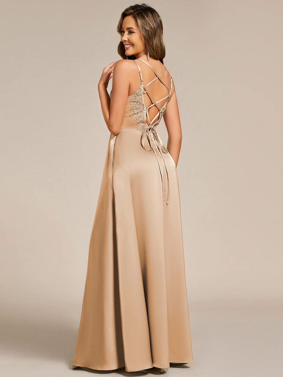 Sleeveless Backless Lace-Up A-Line Satin Bridesmaid Dress #color_Champagne