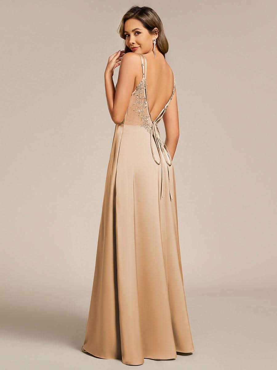 Sleeveless Backless Lace-Up A-Line Satin Bridesmaid Dress #color_Champagne