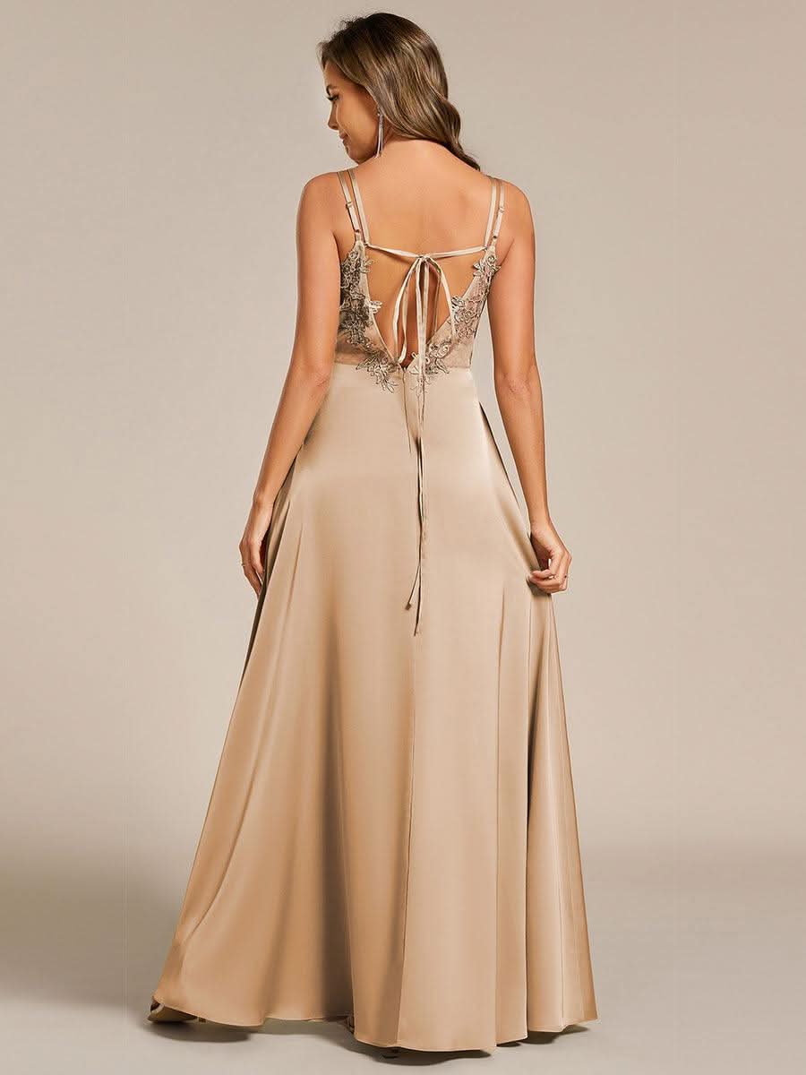 Sleeveless Backless Lace-Up A-Line Satin Bridesmaid Dress #color_Champagne