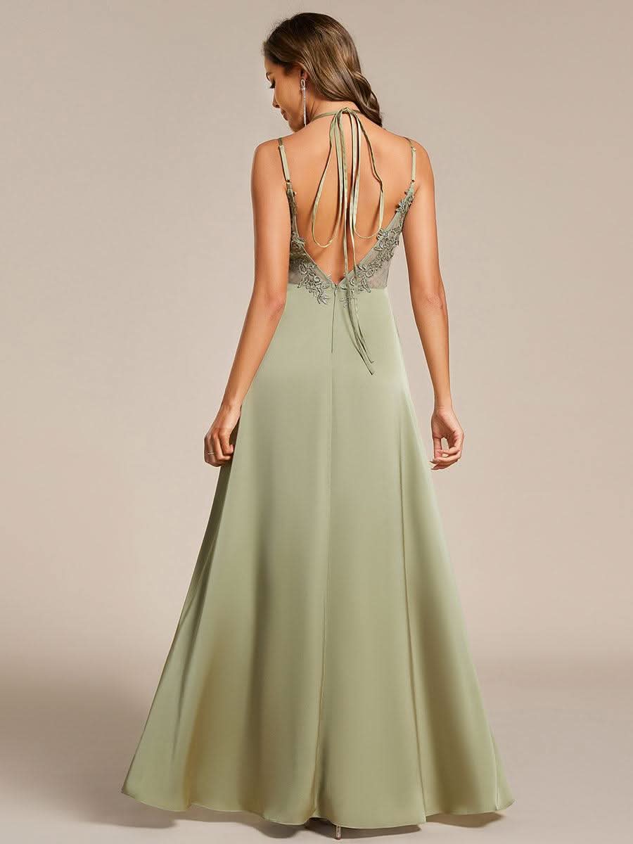 Sleeveless Backless Lace-Up A-Line Satin Bridesmaid Dress #color_Sage Green