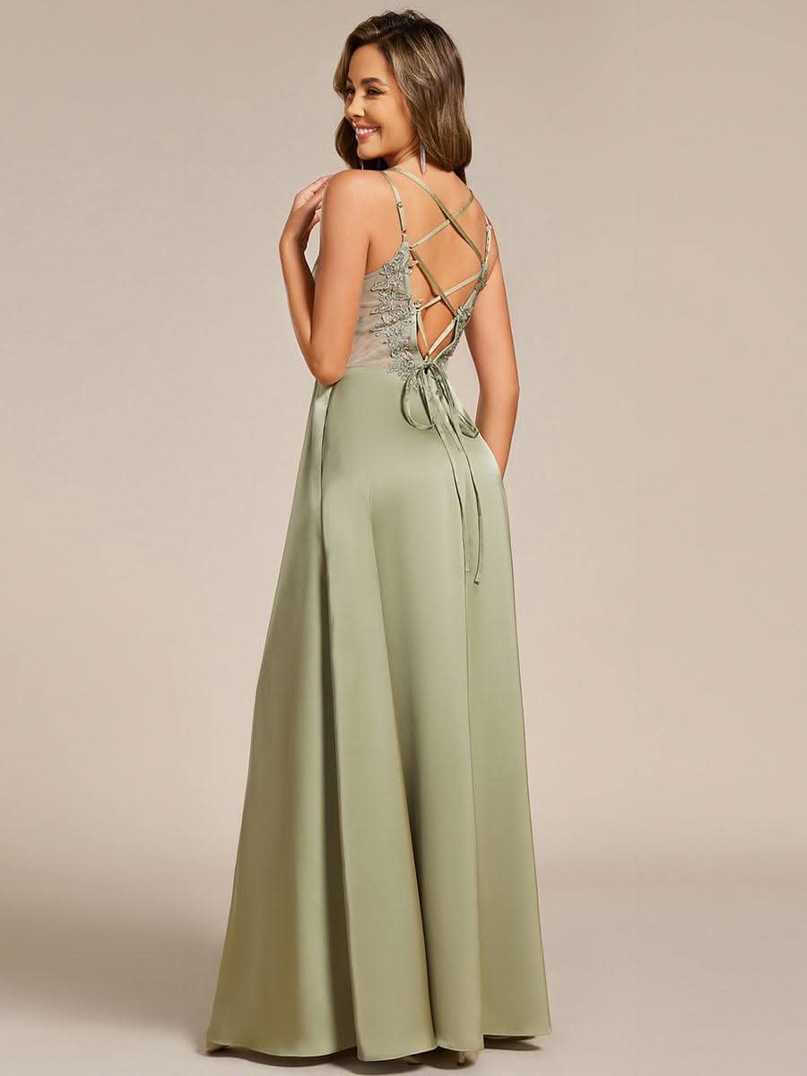 Sleeveless Backless Lace-Up A-Line Satin Bridesmaid Dress #color_Sage Green