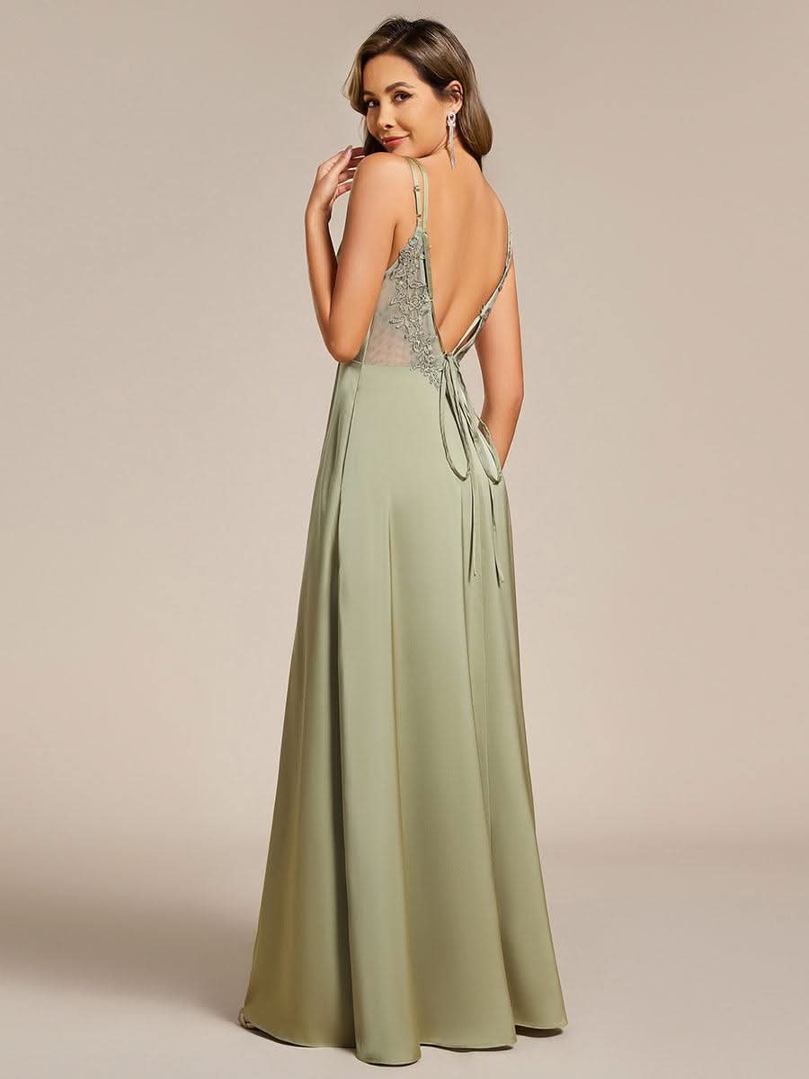 Sleeveless Backless Lace-Up A-Line Satin Bridesmaid Dress #color_Sage Green