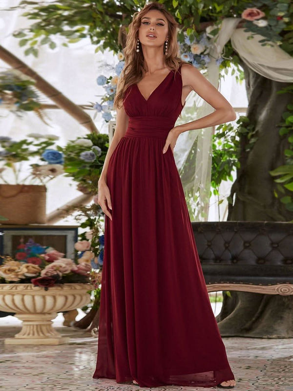 Chiffon Empire Waist Sleeveless Pleated Bridesmaid Dress #color_Dusty Blue ever HUSH|Chiffon Empire Waist Sleeveless Pleated Bridesmaid Dress