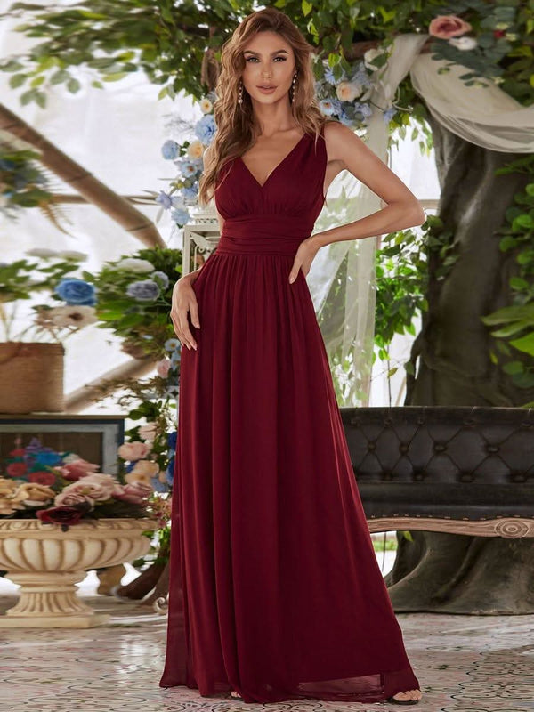 Chiffon Empire Waist Sleeveless Pleated Bridesmaid Dress #color_Dusty Blue ever HUSH|Chiffon Empire Waist Sleeveless Pleated Bridesmaid Dress