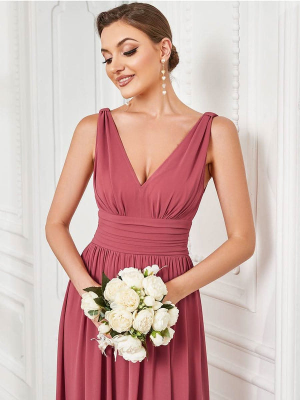 Chiffon Empire Waist Sleeveless Pleated Bridesmaid Dress #color_Dusty Blue ever HUSH|Chiffon Empire Waist Sleeveless Pleated Bridesmaid Dress
