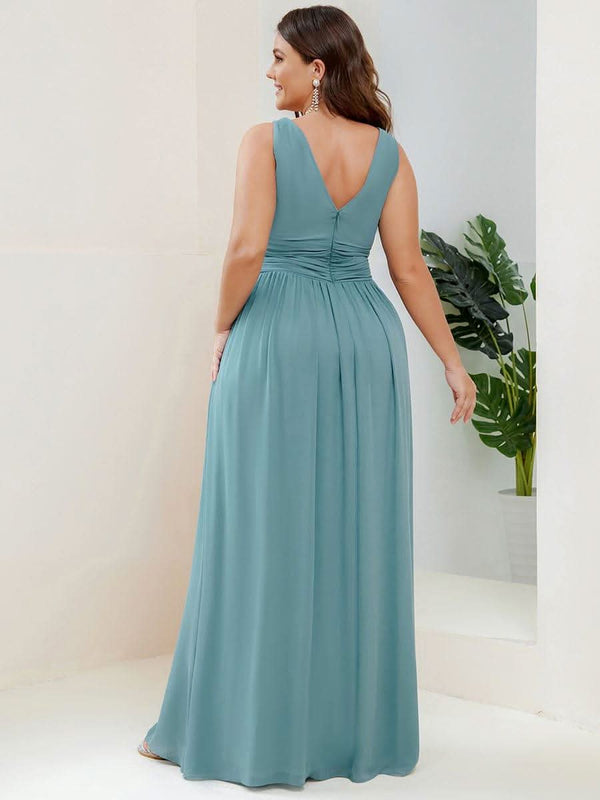 Chiffon Empire Waist Sleeveless Pleated Bridesmaid Dress #color_Dusty Blue ever HUSH|Chiffon Empire Waist Sleeveless Pleated Bridesmaid Dress