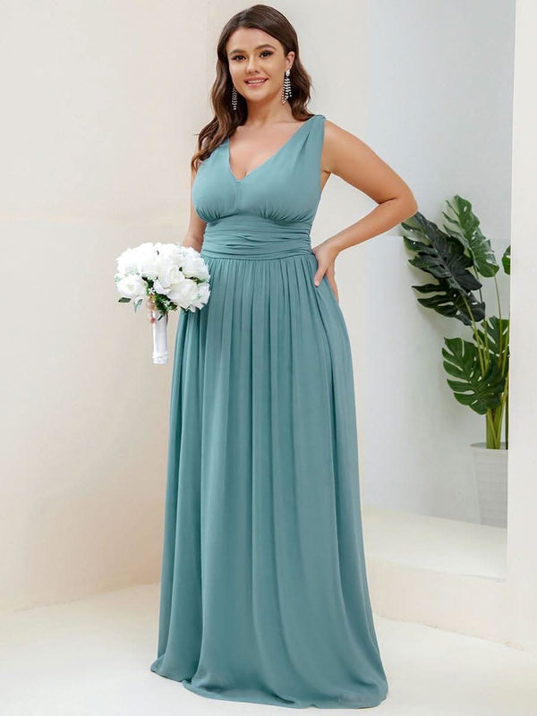 Chiffon Empire Waist Sleeveless Pleated Bridesmaid Dress #color_Dusty Blue ever HUSH|Chiffon Empire Waist Sleeveless Pleated Bridesmaid Dress