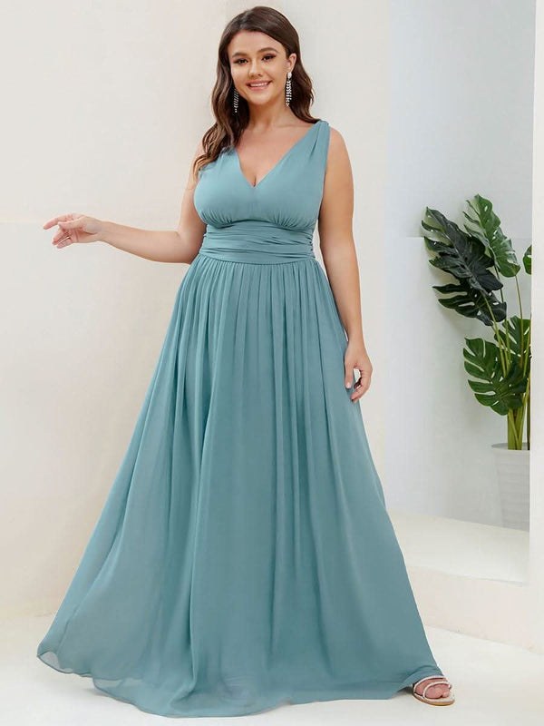Chiffon Empire Waist Sleeveless Pleated Bridesmaid Dress #color_Dusty Blue ever HUSH|Chiffon Empire Waist Sleeveless Pleated Bridesmaid Dress