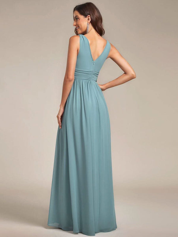 Chiffon Empire Waist Sleeveless Pleated Bridesmaid Dress #color_Dusty Blue ever HUSH|Chiffon Empire Waist Sleeveless Pleated Bridesmaid Dress