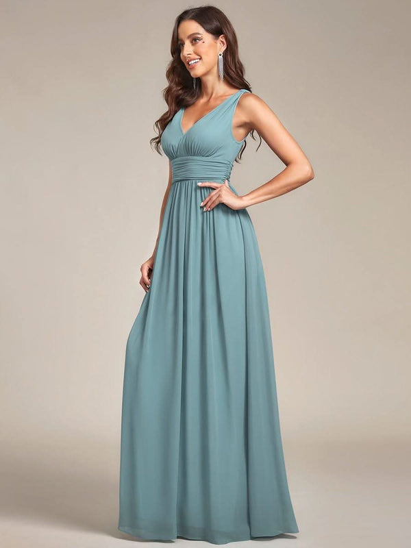 Chiffon Empire Waist Sleeveless Pleated Bridesmaid Dress #color_Dusty Blue ever HUSH|Chiffon Empire Waist Sleeveless Pleated Bridesmaid Dress