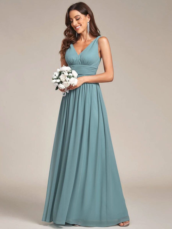 Chiffon Empire Waist Sleeveless Pleated Bridesmaid Dress #color_Dusty Blue ever HUSH|Chiffon Empire Waist Sleeveless Pleated Bridesmaid Dress