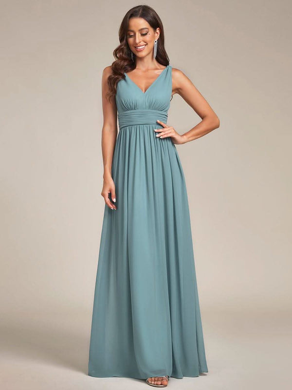 Chiffon Empire Waist Sleeveless Pleated Bridesmaid Dress #color_Dusty Blue ever HUSH|Chiffon Empire Waist Sleeveless Pleated Bridesmaid Dress
