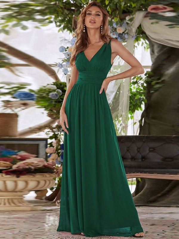 Chiffon Empire Waist Sleeveless Pleated Bridesmaid Dress #color_Dusty Blue ever HUSH|Chiffon Empire Waist Sleeveless Pleated Bridesmaid Dress