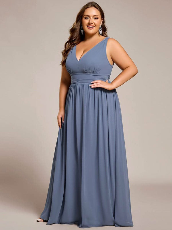 Chiffon Empire Waist Sleeveless Pleated Bridesmaid Dress #color_Dusty Blue ever HUSH|Chiffon Empire Waist Sleeveless Pleated Bridesmaid Dress