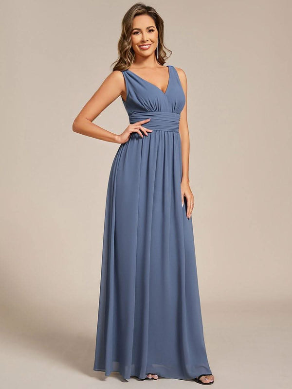 Chiffon Empire Waist Sleeveless Pleated Bridesmaid Dress #color_Dusty Blue ever HUSH|Chiffon Empire Waist Sleeveless Pleated Bridesmaid Dress
