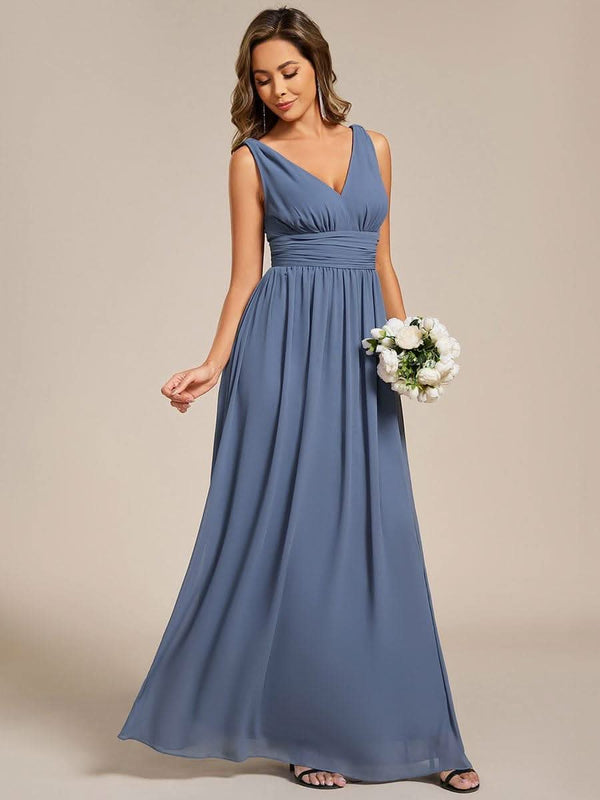 Chiffon Empire Waist Sleeveless Pleated Bridesmaid Dress #color_Dusty Blue ever HUSH|Chiffon Empire Waist Sleeveless Pleated Bridesmaid Dress