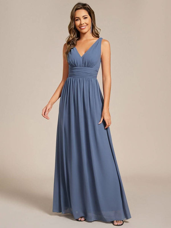 Chiffon Empire Waist Sleeveless Pleated Bridesmaid Dress #color_Dusty Blue ever HUSH|Chiffon Empire Waist Sleeveless Pleated Bridesmaid Dress