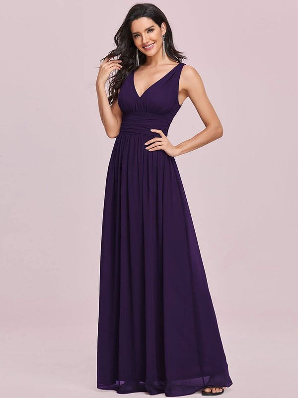 Chiffon Empire Waist Sleeveless Pleated Bridesmaid Dress #color_Dusty Blue ever HUSH|Chiffon Empire Waist Sleeveless Pleated Bridesmaid Dress