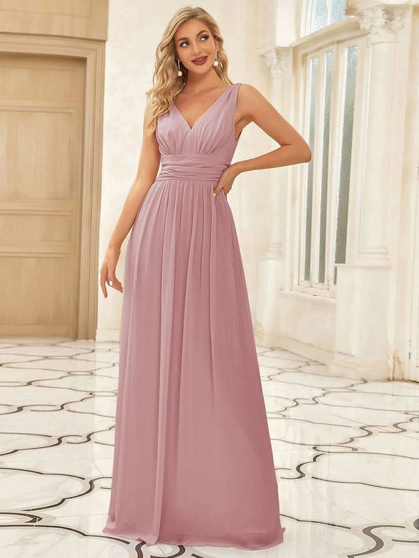 Chiffon Empire Waist Sleeveless Pleated Bridesmaid Dress #color_Dusty Blue ever HUSH|Chiffon Empire Waist Sleeveless Pleated Bridesmaid Dress