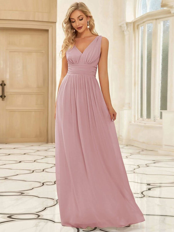 Chiffon Empire Waist Sleeveless Pleated Bridesmaid Dress #color_Dusty Blue ever HUSH|Chiffon Empire Waist Sleeveless Pleated Bridesmaid Dress