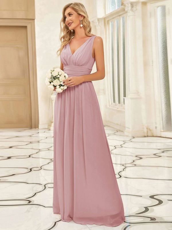 Chiffon Empire Waist Sleeveless Pleated Bridesmaid Dress #color_Dusty Blue ever HUSH|Chiffon Empire Waist Sleeveless Pleated Bridesmaid Dress