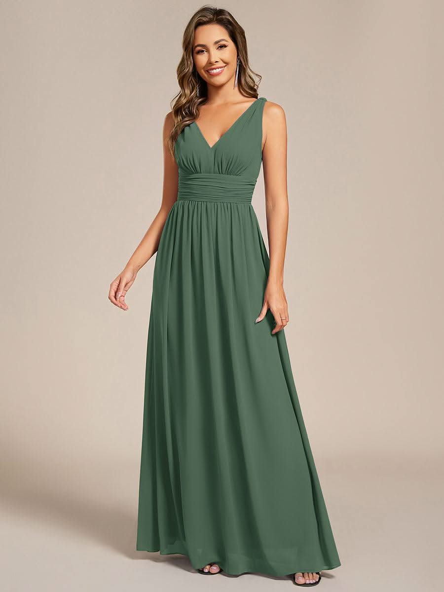 Chiffon Empire Waist Sleeveless Pleated V-neck Bridesmaid Dress #color_Eucalyptus