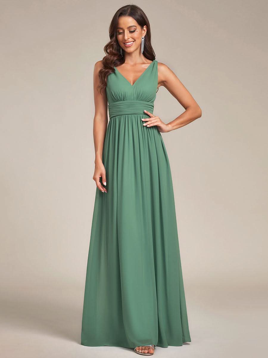 Chiffon Empire Waist Sleeveless Pleated V-neck Bridesmaid Dress #color_Green Bean