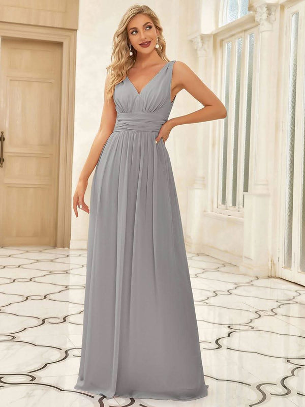 Chiffon Empire Waist Sleeveless Pleated Bridesmaid Dress #color_Dusty Blue ever HUSH|Chiffon Empire Waist Sleeveless Pleated Bridesmaid Dress