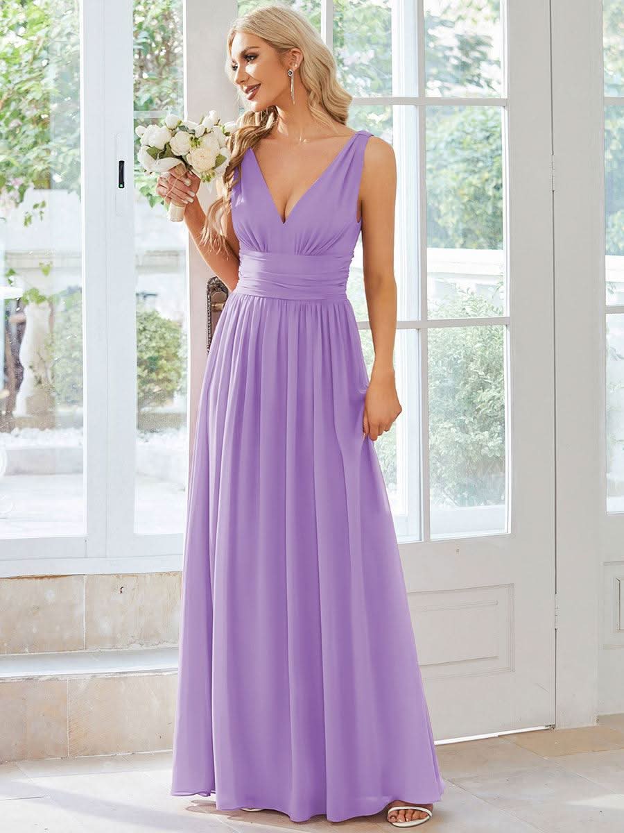 Chiffon Empire Waist Sleeveless Pleated V-neck Bridesmaid Dress #color_Lavender
