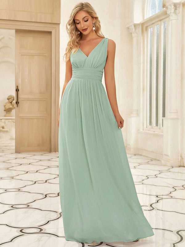 Chiffon Empire Waist Sleeveless Pleated Bridesmaid Dress #color_Dusty Blue ever HUSH|Chiffon Empire Waist Sleeveless Pleated Bridesmaid Dress