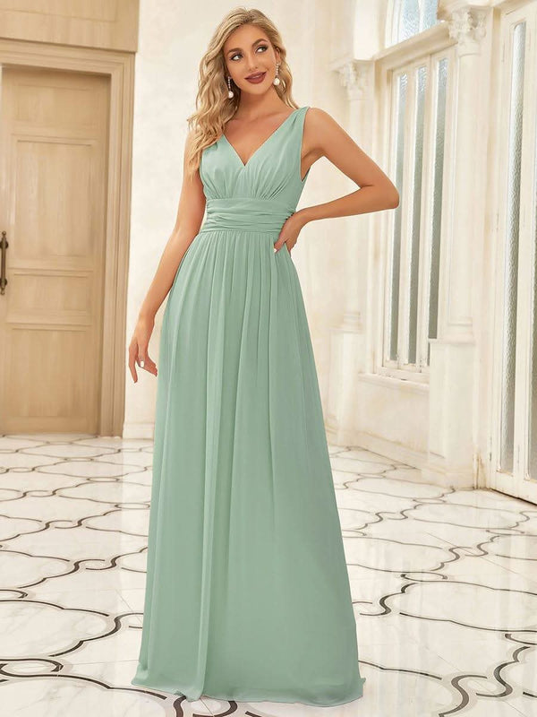 Chiffon Empire Waist Sleeveless Pleated Bridesmaid Dress #color_Dusty Blue ever HUSH|Chiffon Empire Waist Sleeveless Pleated Bridesmaid Dress