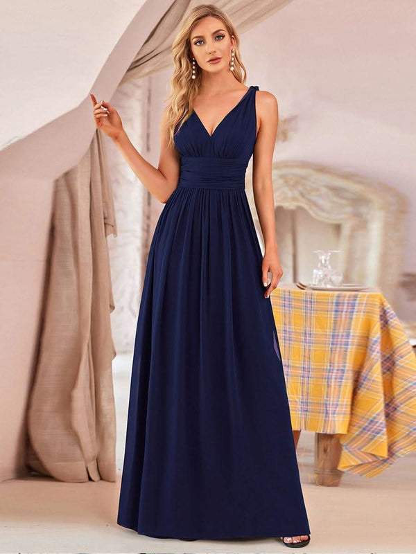 Chiffon Empire Waist Sleeveless Pleated Bridesmaid Dress #color_Dusty Blue ever HUSH|Chiffon Empire Waist Sleeveless Pleated Bridesmaid Dress